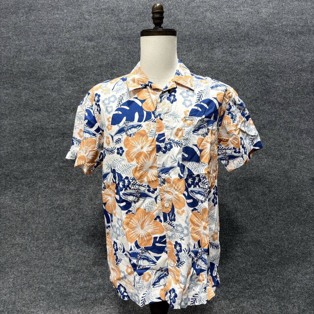 Columbia Mens M PFG Hawaiian Shirt Tuna Fish Floral Button Up Short Sleeve